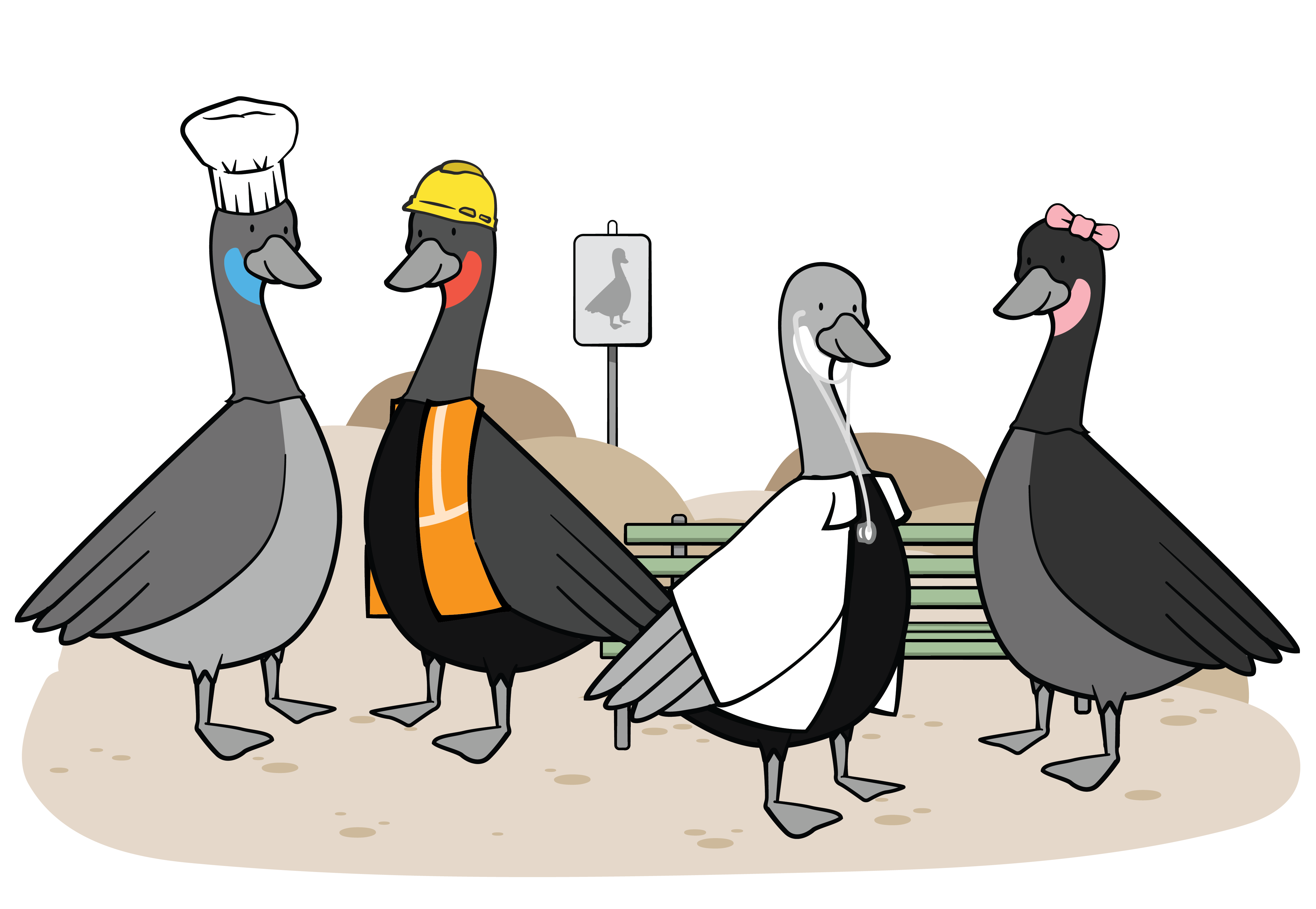Goose with chefs hat, goose with hard hat and construction vest, goose with stethoscope and white jacket, goose with pink bow